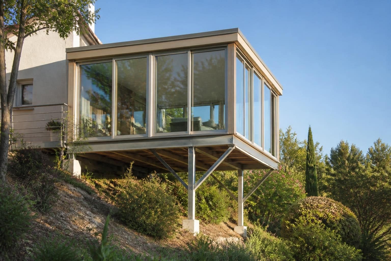 découvrez les avantages d'une véranda sur pilotis, une solution idéale lorsque l'extension de votre maison nécessite une structure renforcée pour plus de stabilité et durabilité.