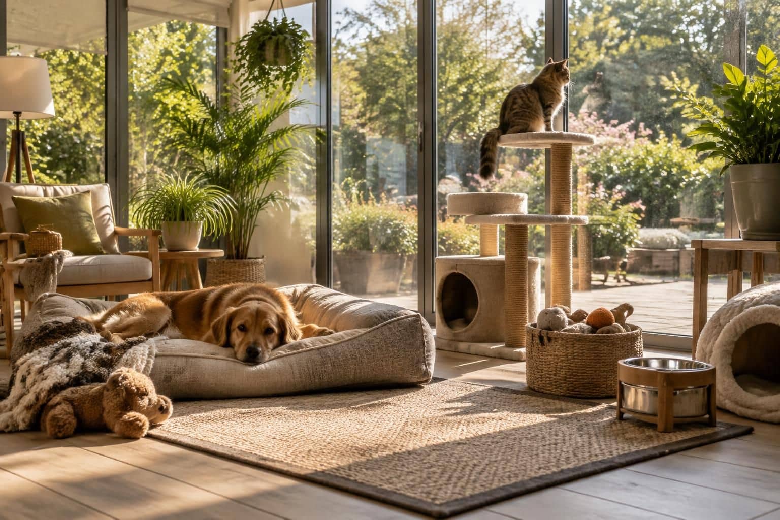aménagez une véranda confortable et sécurisée pour vos animaux : choix des matériaux, coin repos, protection contre la chaleur et accès facile.